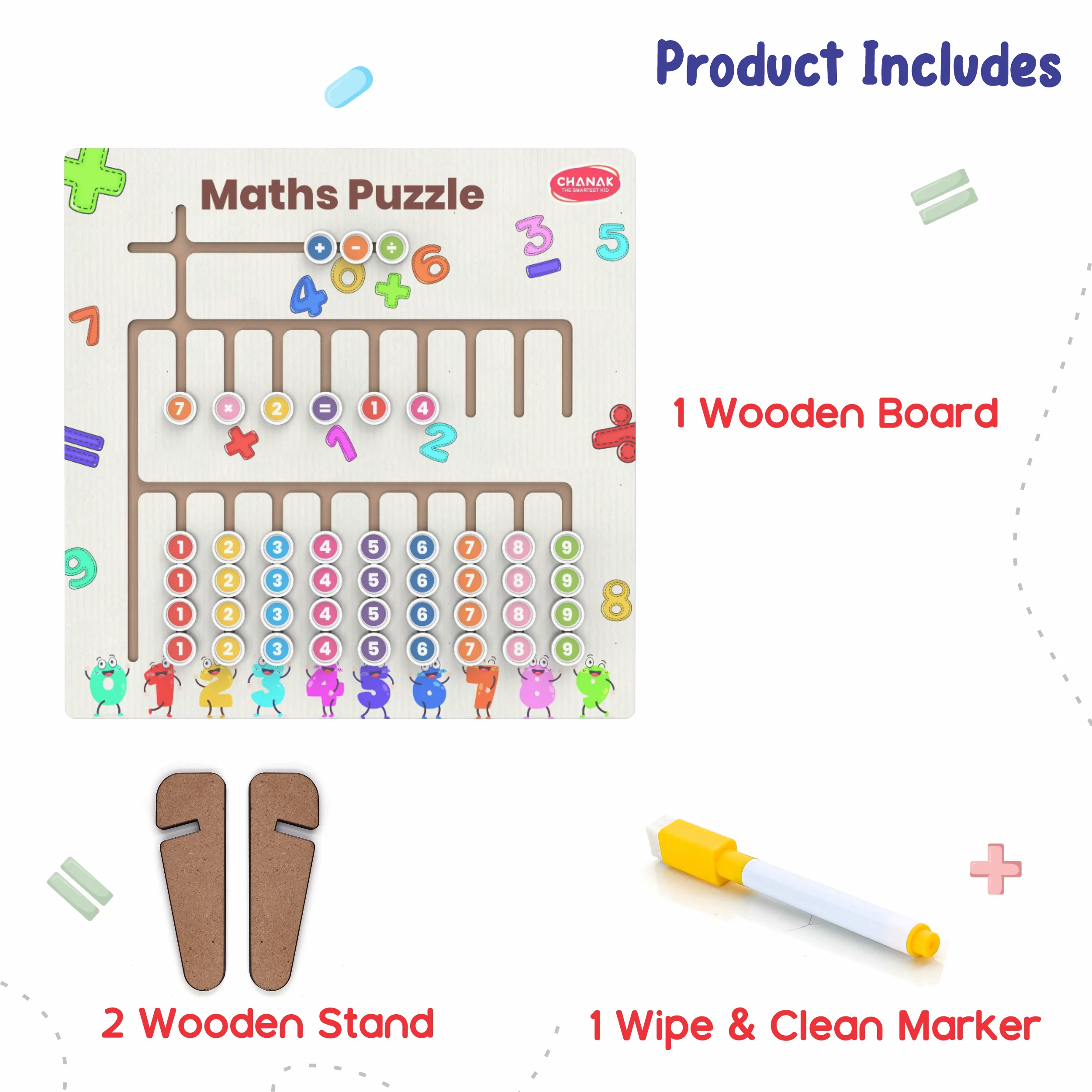 Chanak 3-in-1 Wooden Math Learning Board for Kids 3+ Years | Number Tracing, Dot-to-Dot & Math Puzzle – BIS Approved - Image 3