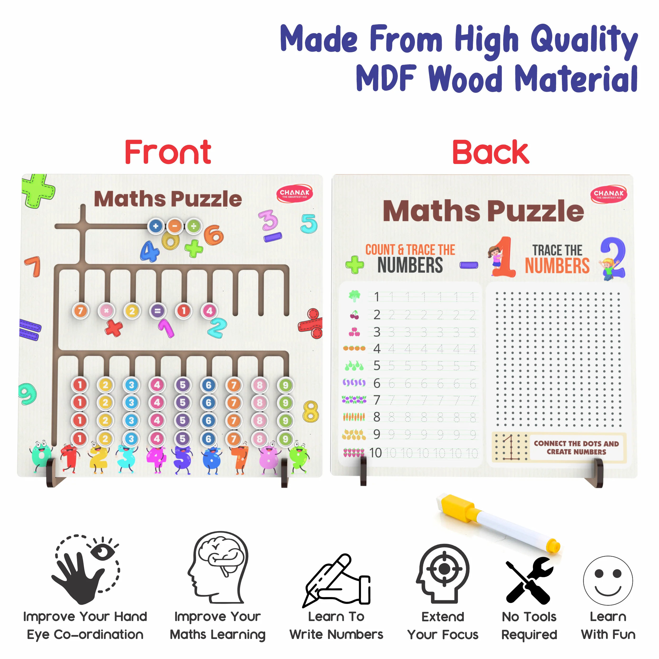 Chanak 3-in-1 Wooden Math Learning Board for Kids 3+ Years | Number Tracing, Dot-to-Dot & Math Puzzle – BIS Approved - Image 4
