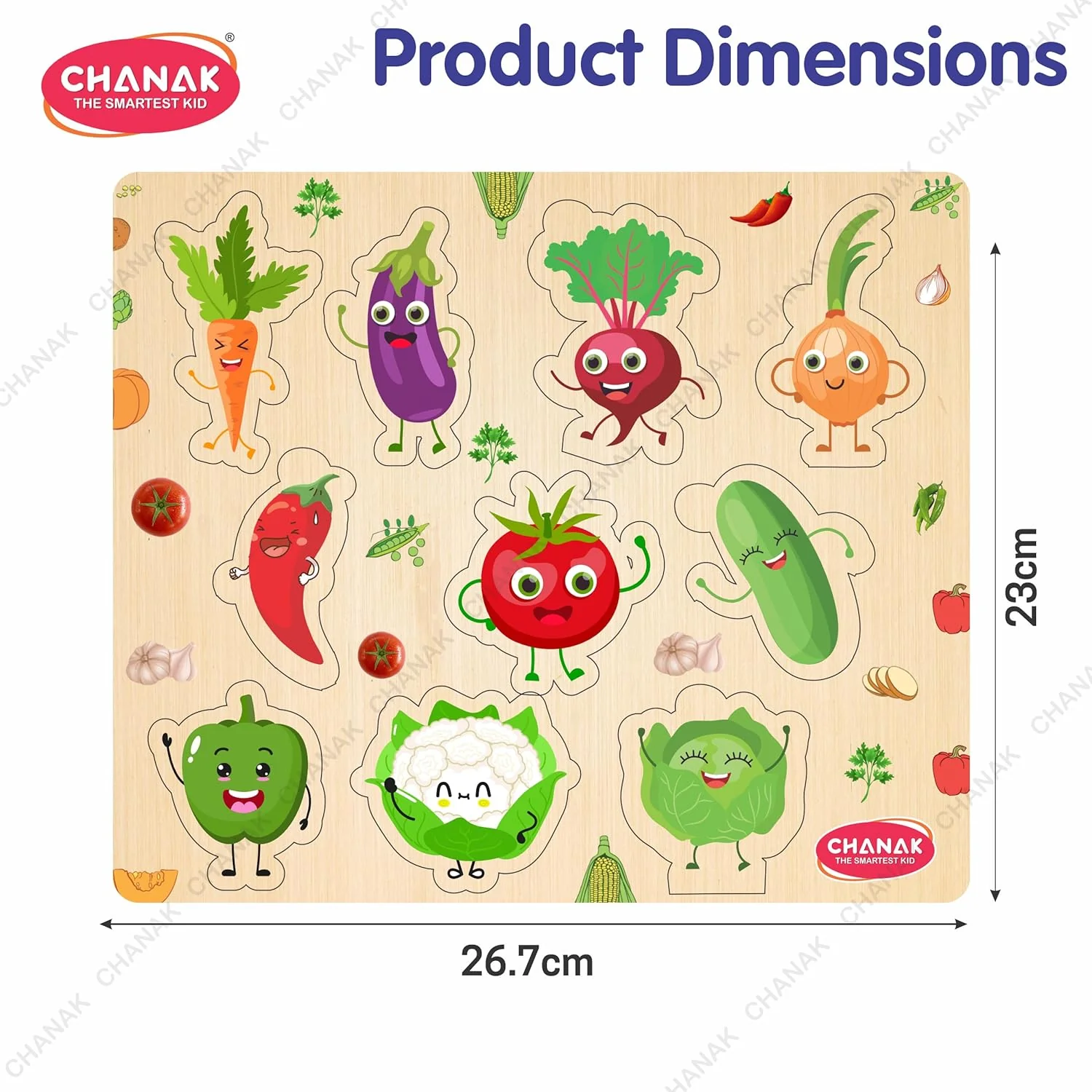 Chanak Wooden Vegetable Puzzle for Kids 2+ Years | 10 Pc Montessori Learning Board with Pictures – BIS Approved
