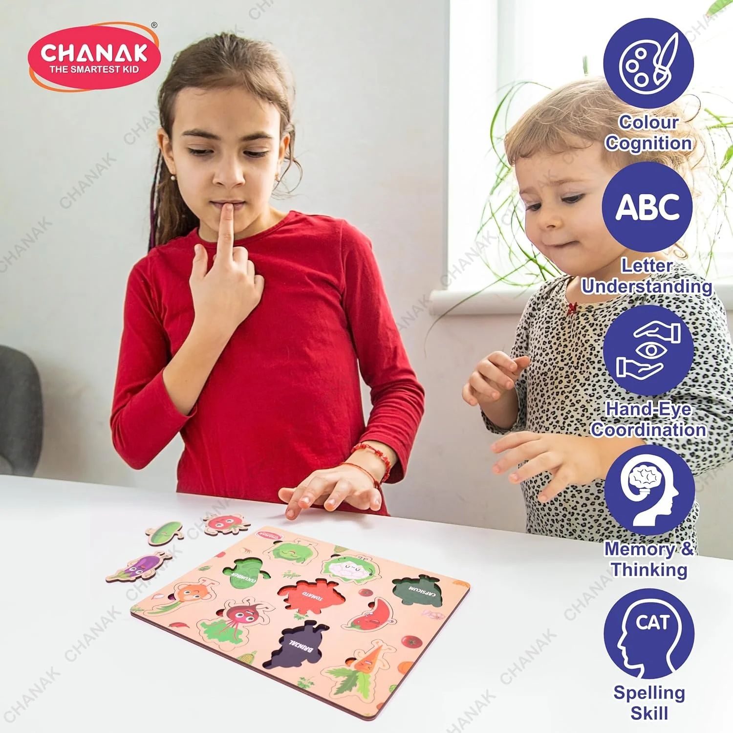 Chanak Wooden Vegetable Puzzle for Kids 2+ Years | 10 Pc Montessori Learning Board with Pictures – BIS Approved - Image 3