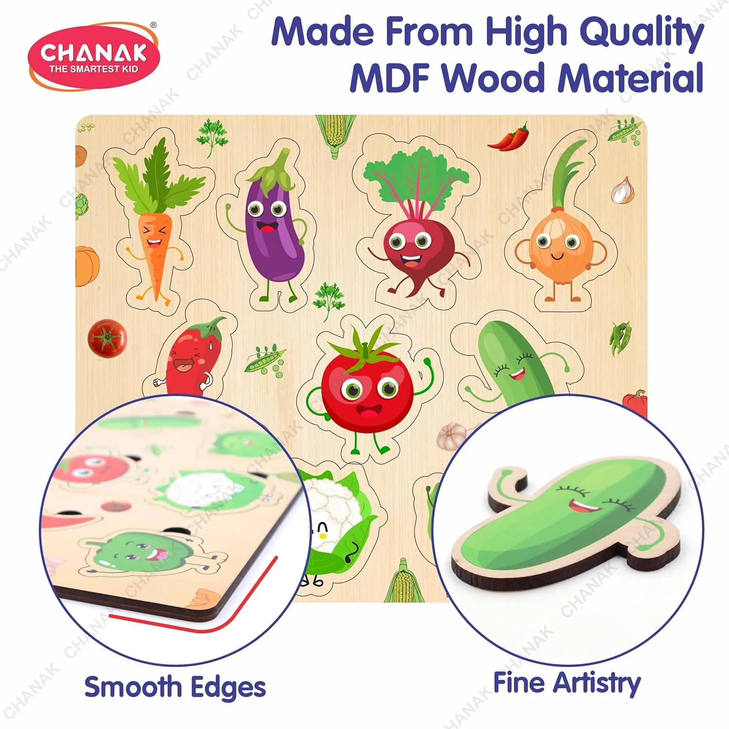 Chanak Wooden Vegetable Puzzle for Kids 2+ Years | 10 Pc Montessori Learning Board with Pictures – BIS Approved - Image 4