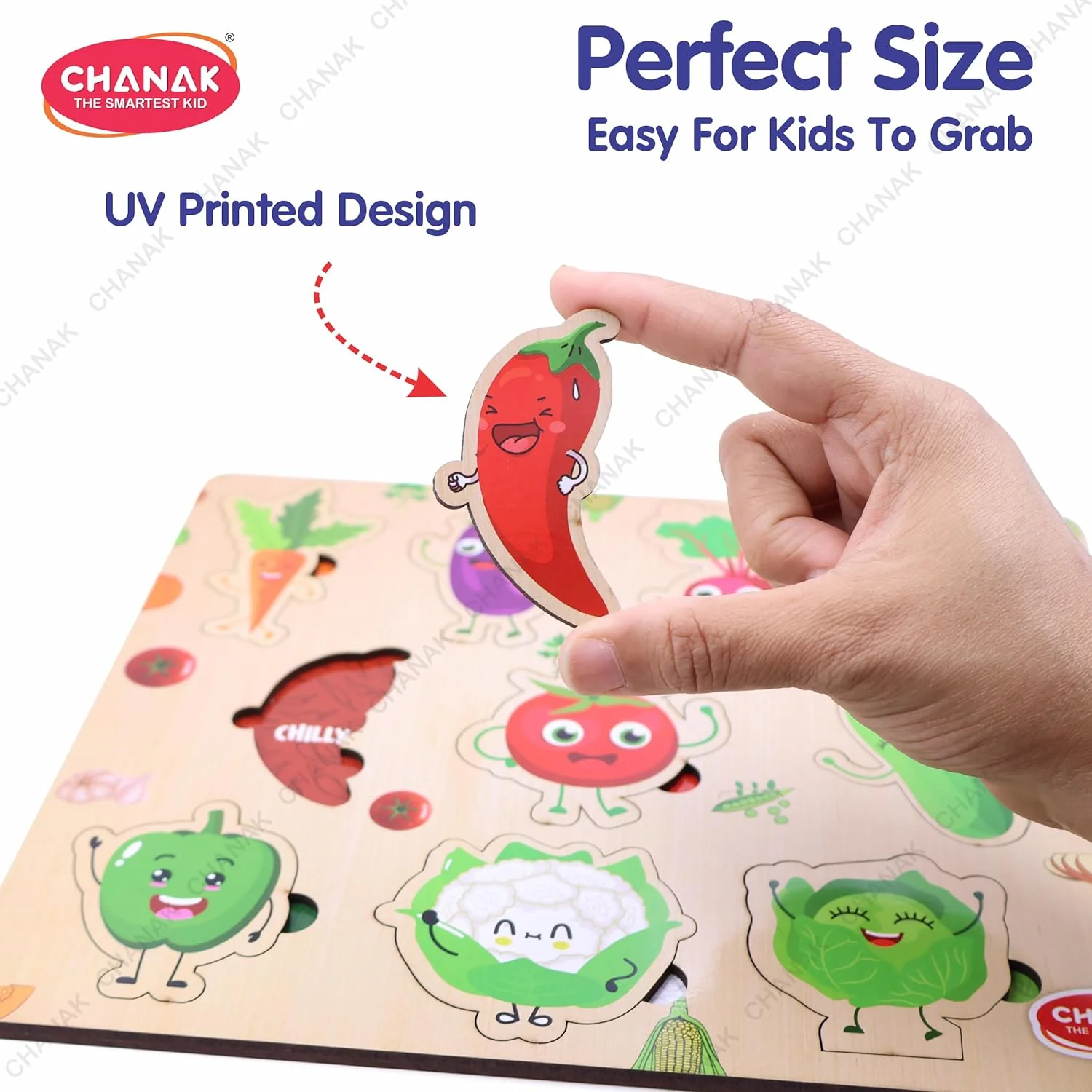 Chanak Wooden Vegetable Puzzle for Kids 2+ Years | 10 Pc Montessori Learning Board with Pictures – BIS Approved - Image 5
